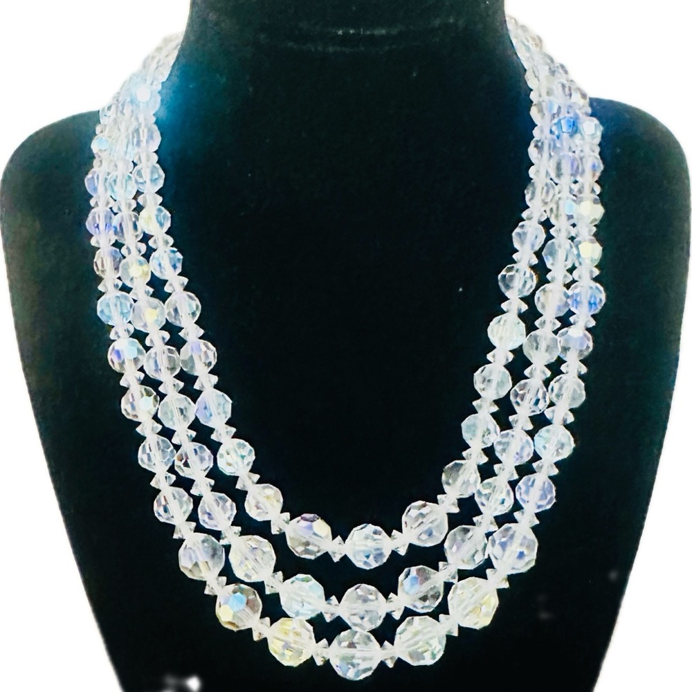 Vintage 3-Strand Aurora Borealis Crystal Necklace